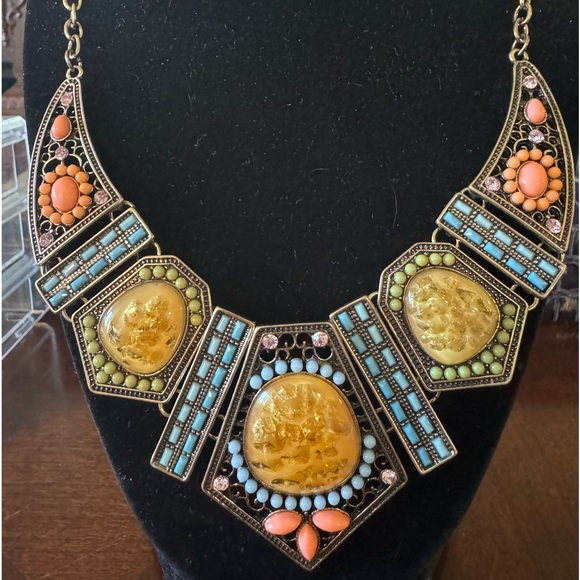 Beaded, Jeweled Vintage Inspired, Bohemian Geometric Statement Necklace - Picture 7 of 7